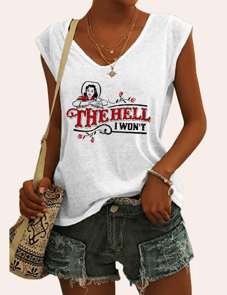 The Hell I Won't White Cotton V-Neck Tank Top - prettyspeach