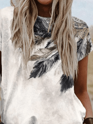 Feather Print Loose Casual T-Shirt - prettyspeach