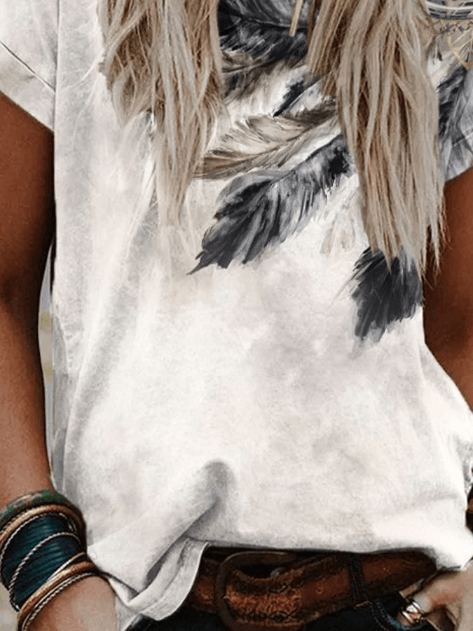 Feather Print Loose Casual T-Shirt - prettyspeach