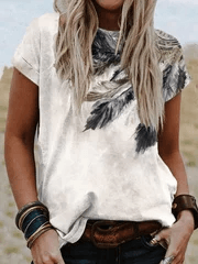 Feather Print Loose Casual T-Shirt - prettyspeach