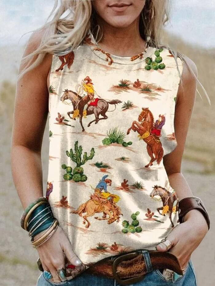 Western Style Cowboy Printed Tank Top - prettyspeach