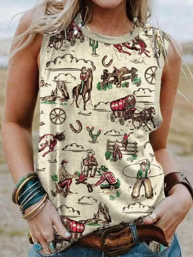 Western Style Retro Cowboy Printed Tank Top - prettyspeach