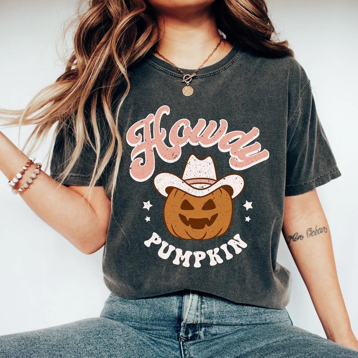 Retro Halloween Fall Howdy Pumpkin Western T-Shirt - prettyspeach